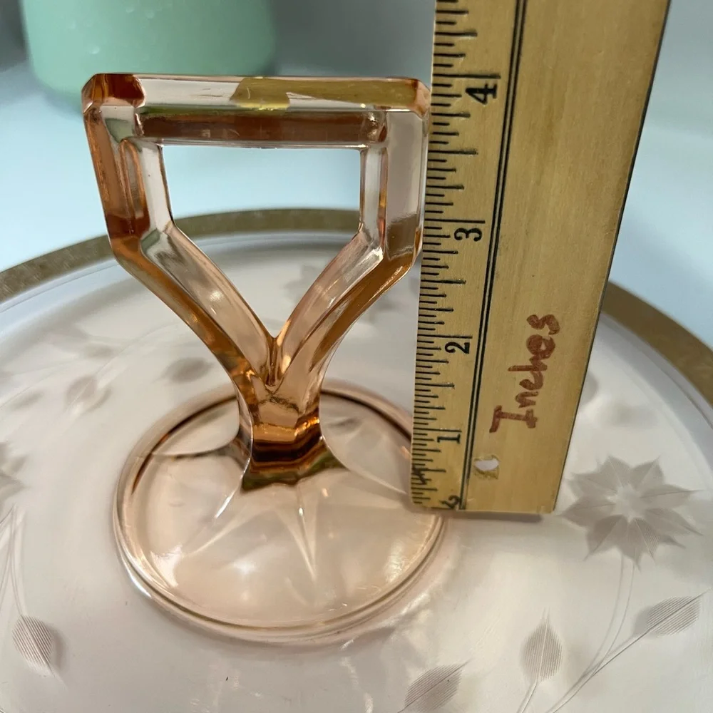Vintage Pink Depression Glass Platter with Handle with Etched Detail Gold Trim